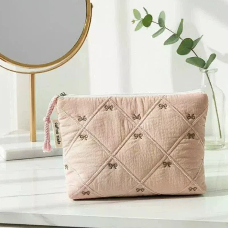 pochette cosmétique matelassée avec nœud brodé, grande capacité, multifonctionnelle, pour papeterie et stylos