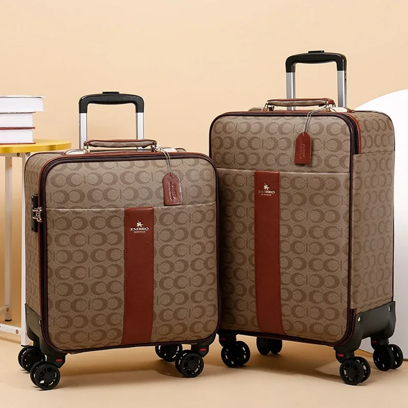 valise bagage pu géométrique beige marron clair petite sacoche main grande cabine roulettes transport unisexe