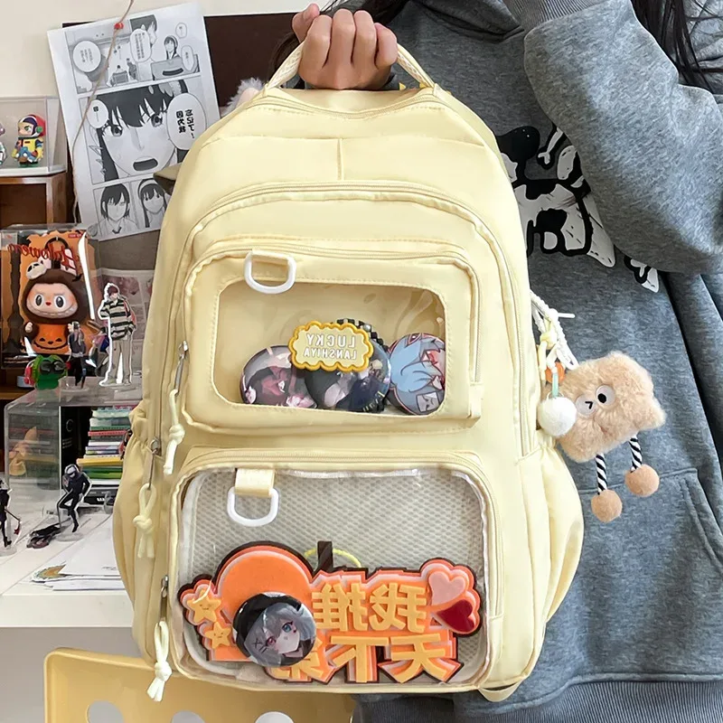 sac à dos scolaire transparent grande capacité, sac à bandoulière double pour étudiants, en tissu oxford imperméable, ultra léger, style mignon
