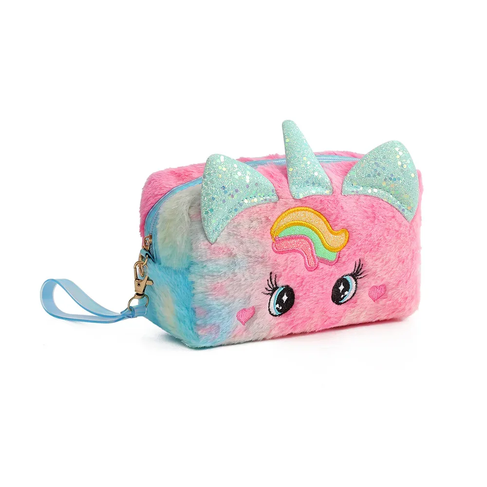 trousse toilette velours licorne rose bleu blanc design mignon ovale transport fille étudiante cosmétique maquillage