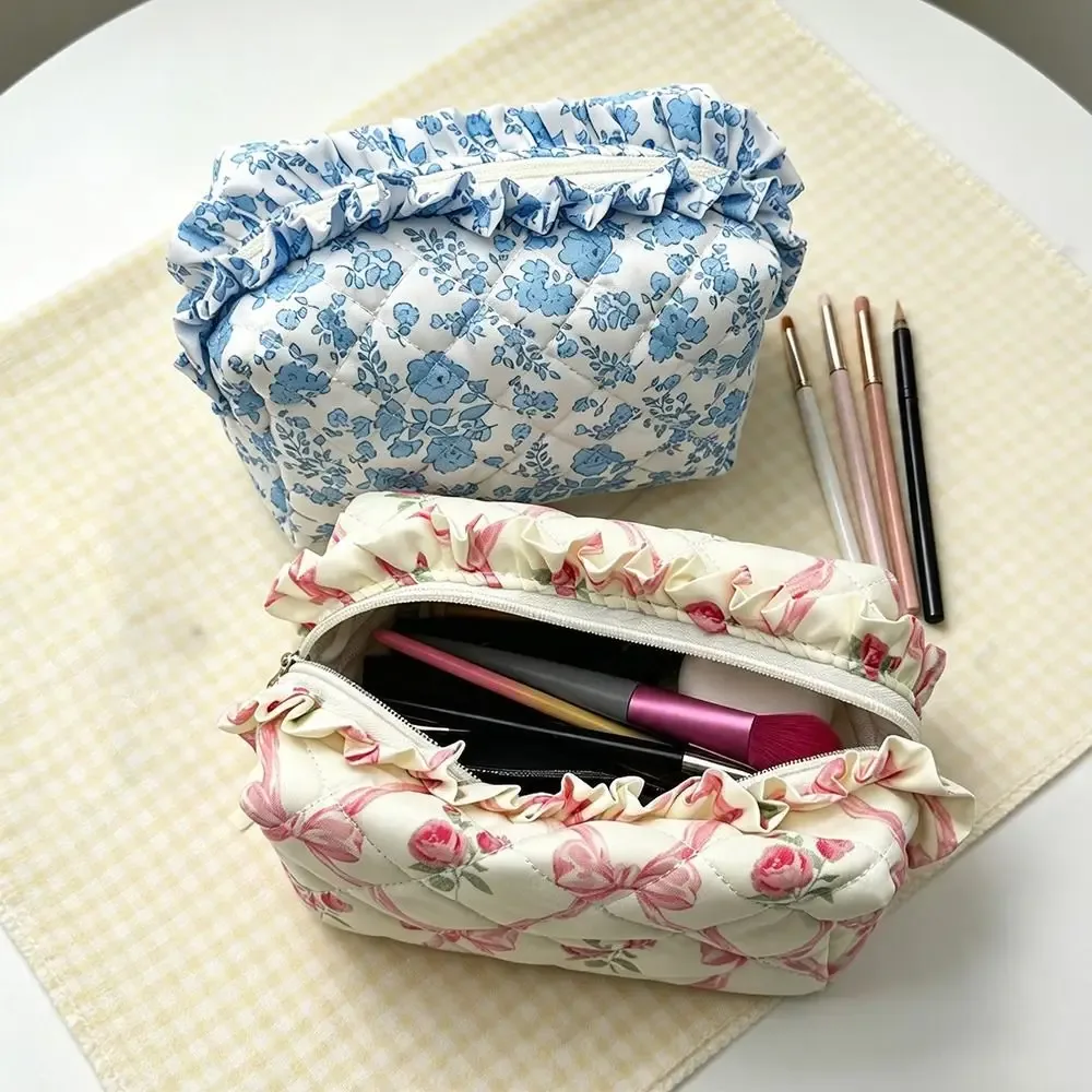 pochette polyester floral bleu blanc motif fleur nœud voyage cosmétique organisateur maquillage capacité grande taille portable
