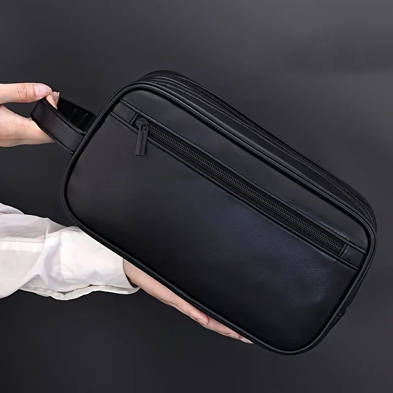 trousse toilette cuir synthétique noir gravure lettre poignée latérale voyage sport affaires sac cosmétiques imperméable