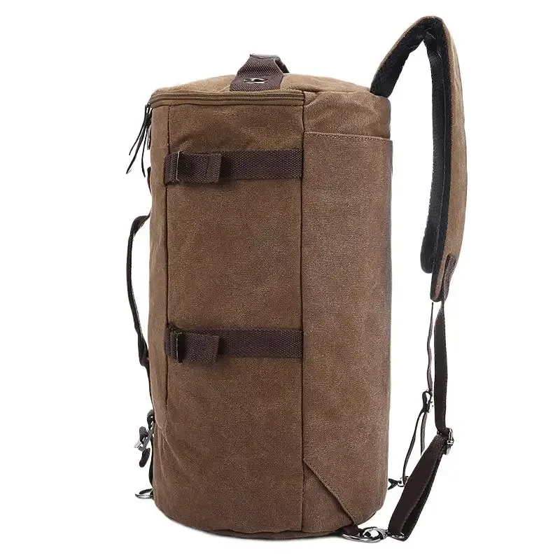 sac dos toile cuir bandes marron toile beige fermetures glissières poignée souple capacité voyage