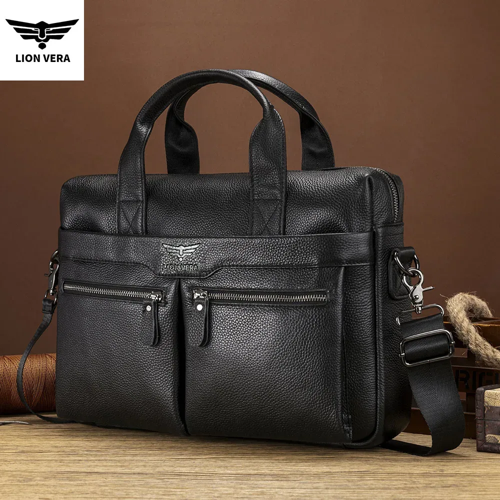 sac de transport professionnel lion vera pour homme, grande capacité, en cuir véritable, bandoulière portable, fermeture éclair, sacoche pour ordinateur portable