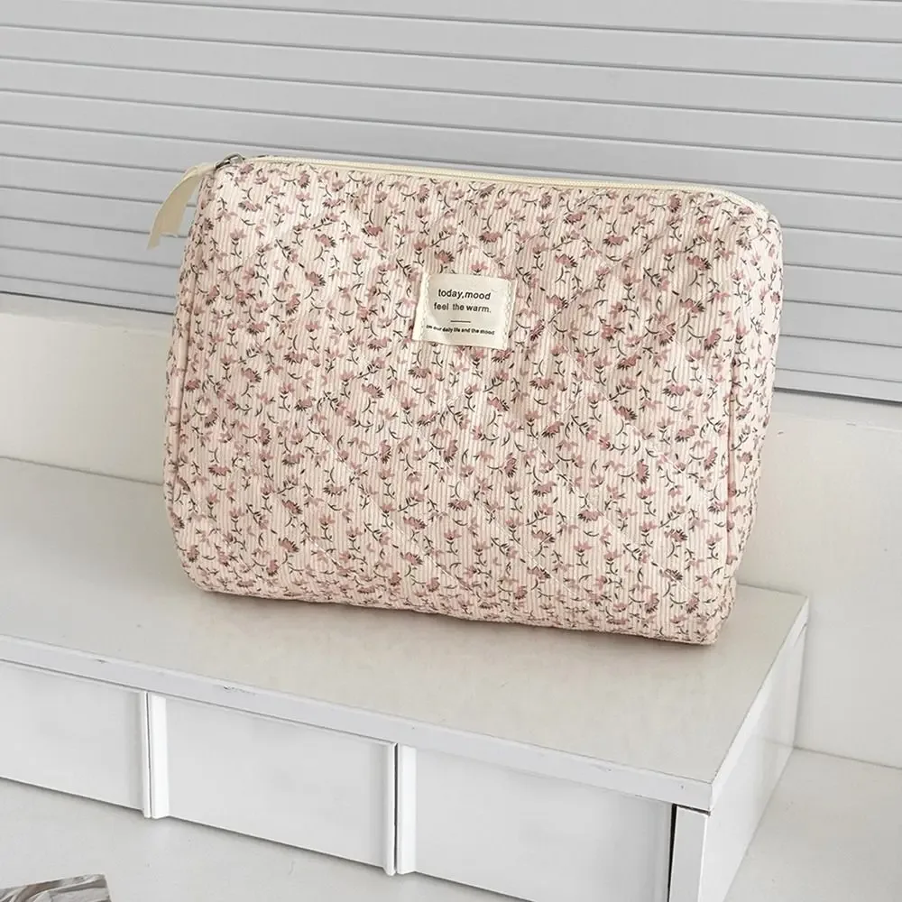 organisateur cosmétique esthétique en velours côtelé doux, pochette de soins de la peau à fermeture éclair de grande capacité, trousse de toilette pour cosmétiques