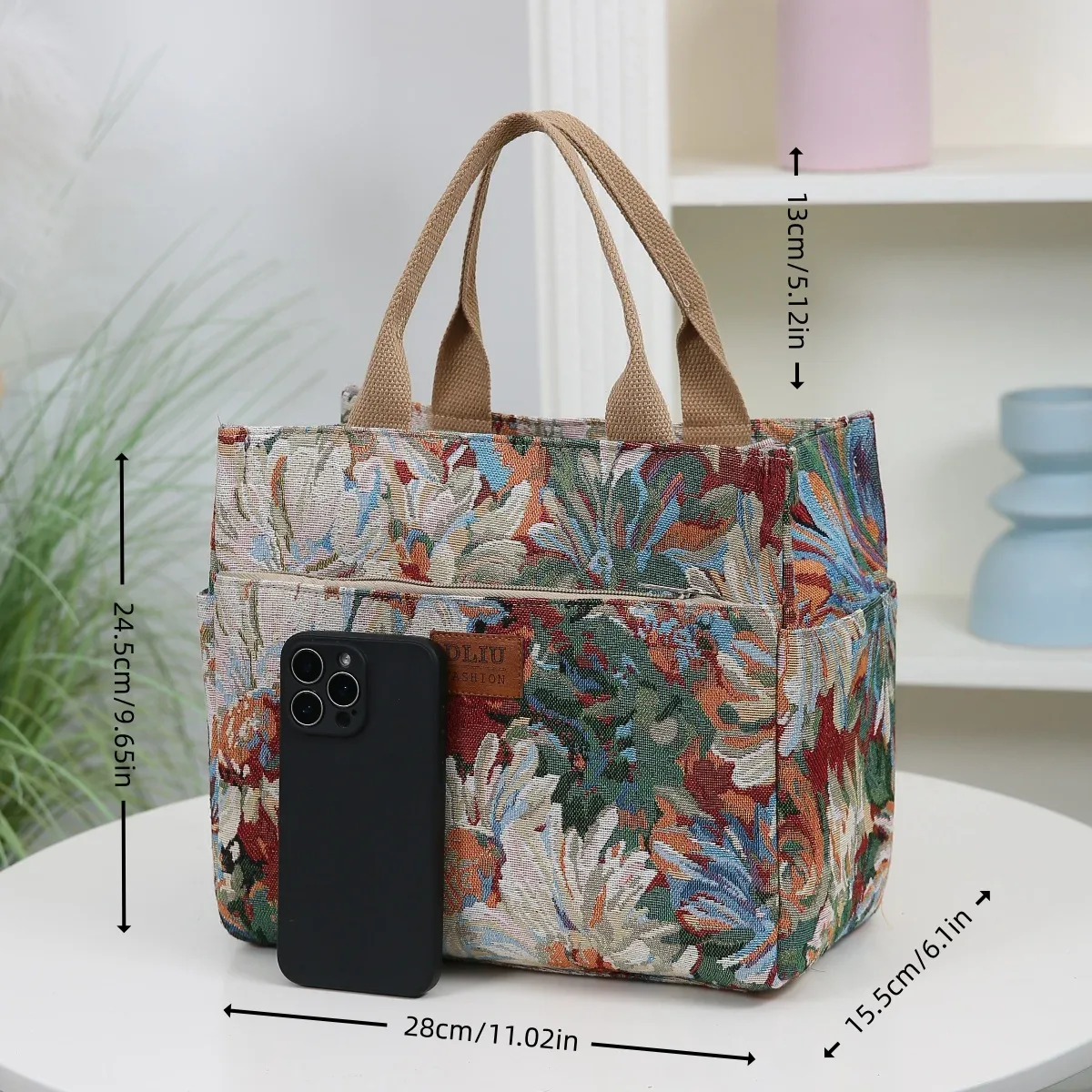 nouveau sac à main en tissu épais de grande capacité, sac fourre-tout, sac de shopping, sac polyvalent, sac à lunch, sac bento, motif floral