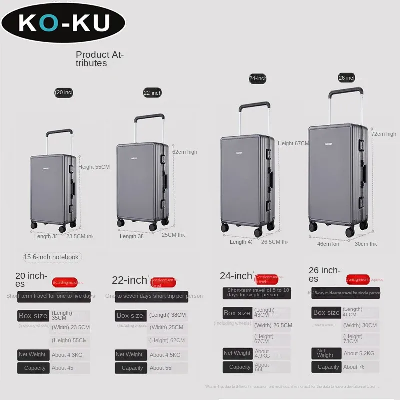 ko-ku ultra léger cadre en aluminium large chariot bagages femme grande capacité valise muet roue universelle mot de passe boîte