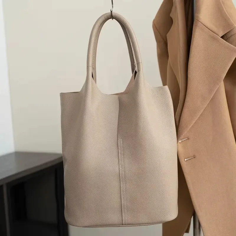 sac à main en cuir véritable pour femmes, fourre-tout de banlieue en cuir de vache souple, fourre-tout à bandoulière, grand sac seau de luxe de styliste