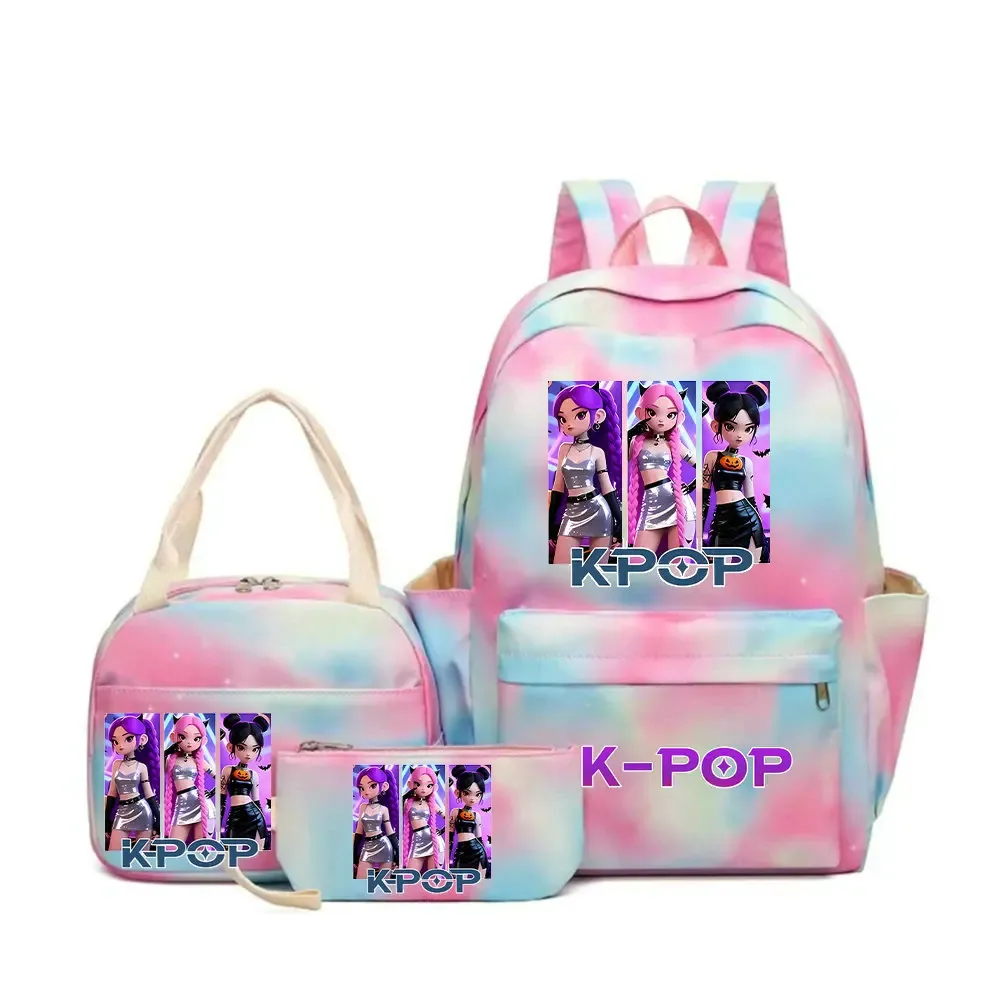 sac dos polyester motifs personnages kpop pompon ceinture coussin air bandes latérales poignée supérieure pliable extensible bleu rose violet voyage adolescents