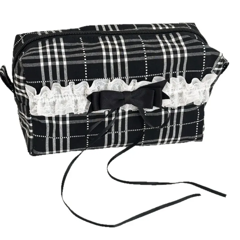 sac de maquillage à carreaux noir et blanc, doux et décontracté, pour écolière, dentelle, style coréen ins, grand étui à cosmétiques, organisateur de voyage mignon