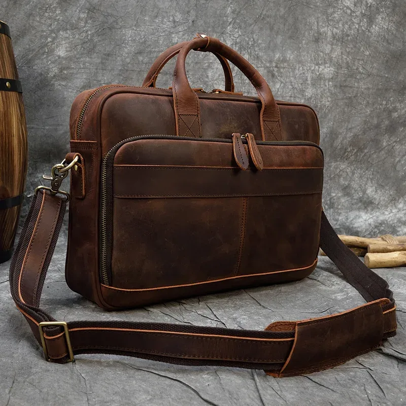Sac à main pour ordinateur portable de style rétro, en cuir véritable, sac décontracté de 15,6 pouces, sac d'affaires pour le travail quotidien, sac fourre-tout pour hommes, sac pour documents.