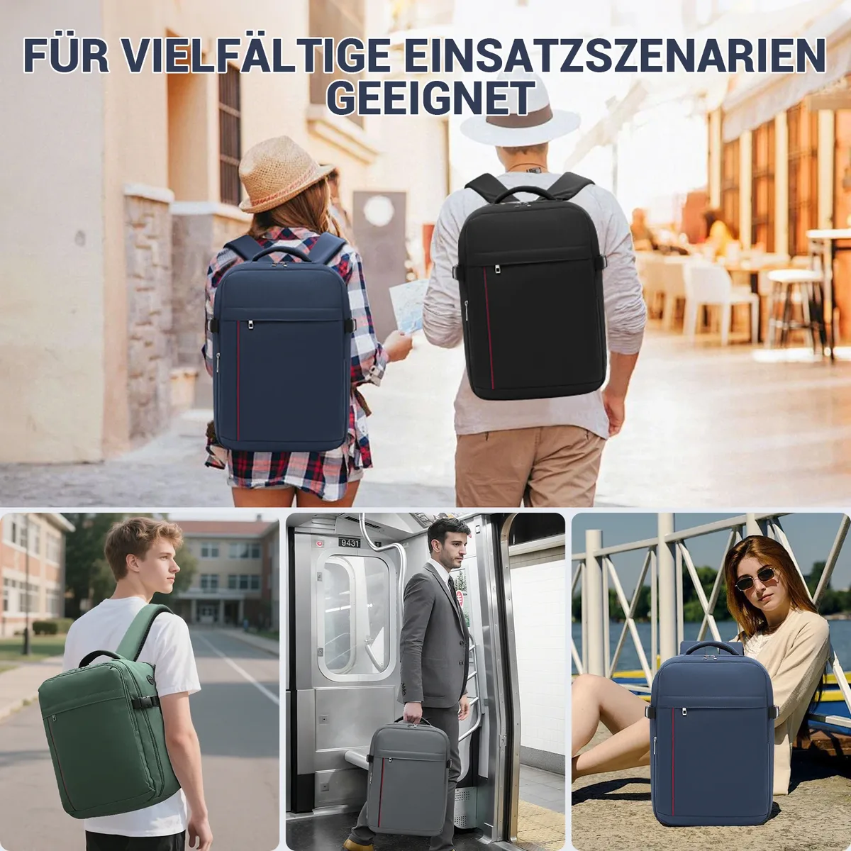 Sac à dos de voyage KONO pour Ryanair & Eurowings (40x30x20 cm, 24L) - Ultra-léger avec port de charge USB et compartiment pour ordinateur portable jusqu'à 15,6 pouces