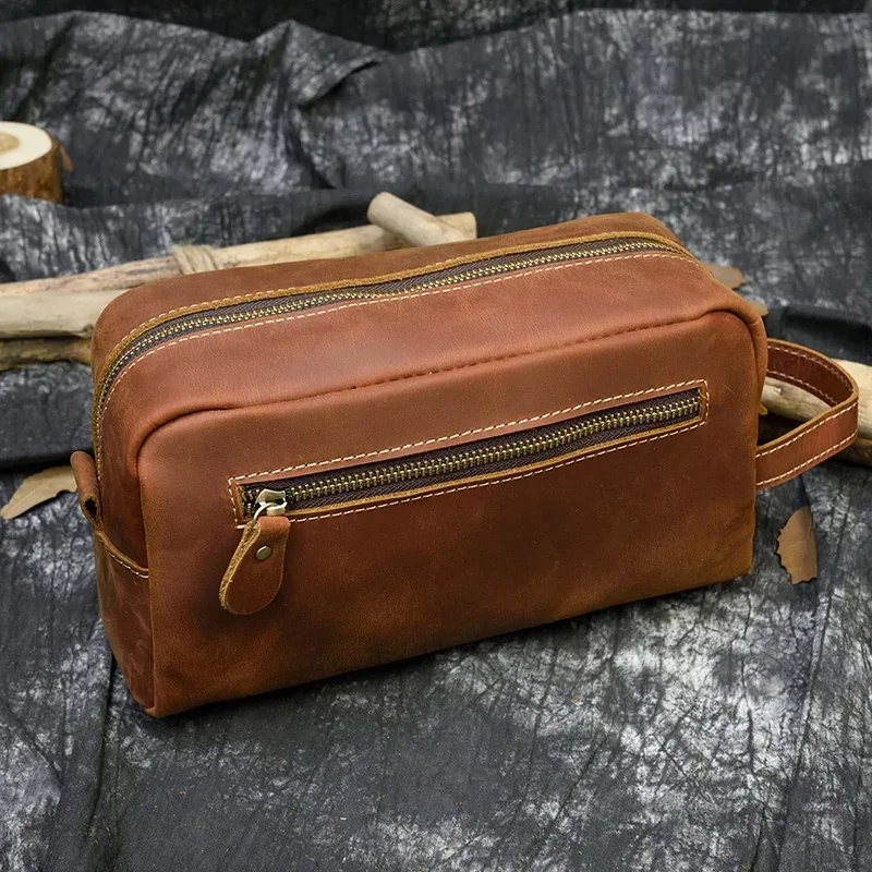 petit sac de voyage de bonne qualité, portefeuille de voyage en cuir crazy horse, sac de rangement, sac de maquillage de lavage pour trousse de toilette de voyage