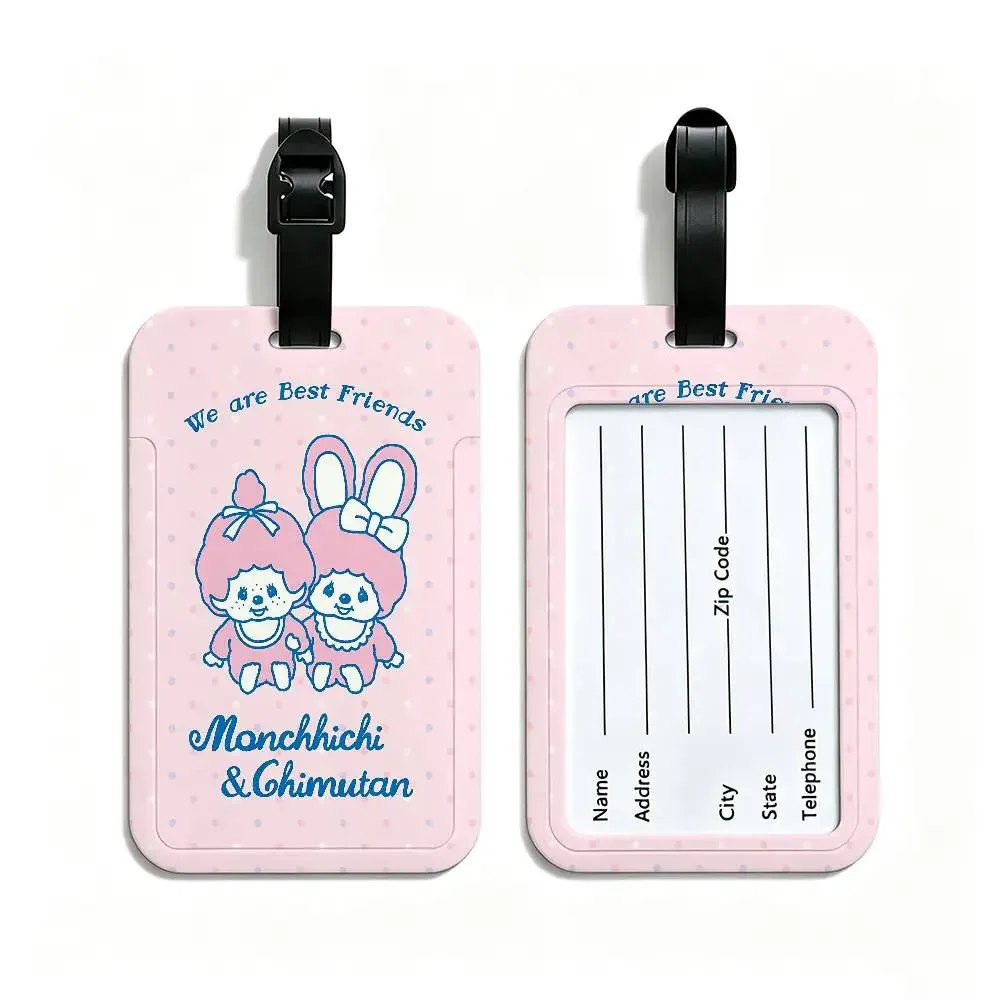 étiquette bagage plastique pvc motif dessin animé monchhichi personnages lapins filles bleu rouge gris rose blanc voyage école usage journalier antiperte