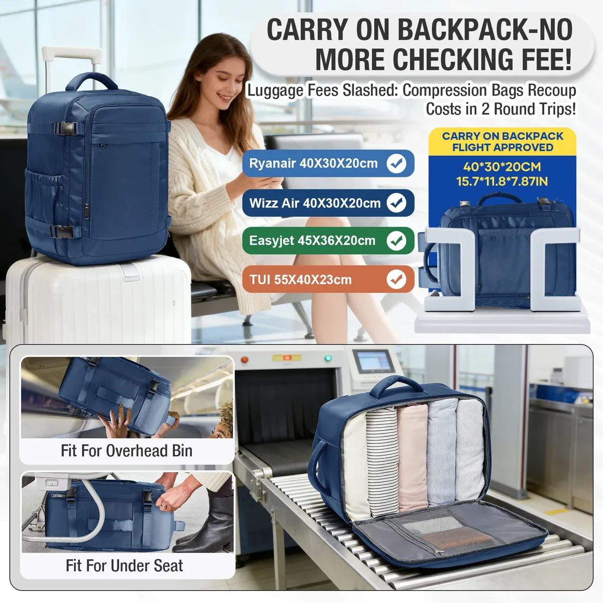 sac dos nylon bleu marine compact léger voyage travail scolaire poche intérieure zippée bandes sangle ajustables