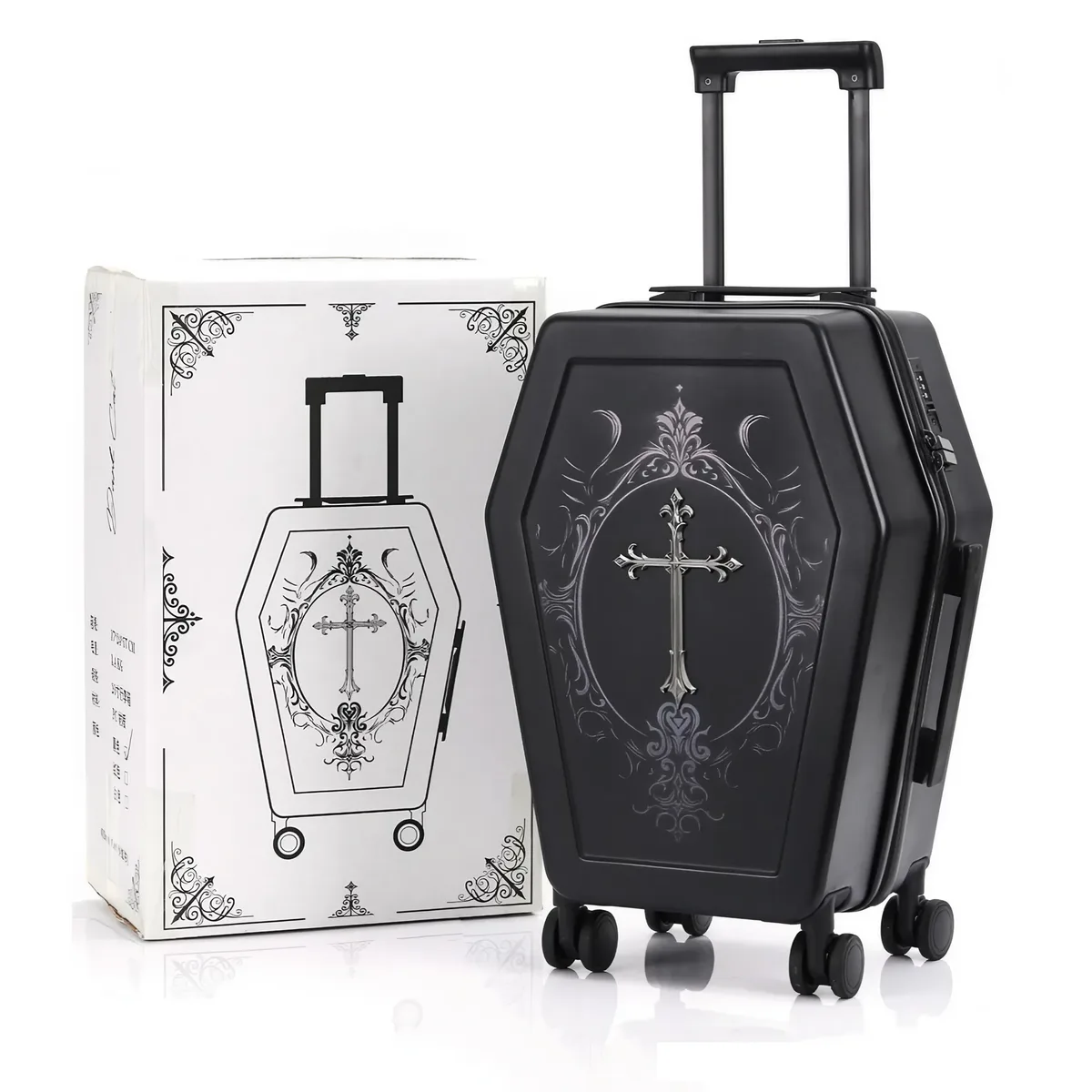 Valise de voyage style gothique avec poignée en forme de cercueil pour Halloween, boîte à bagages noire tendance rétro, valise personnalisée à code sombre.
