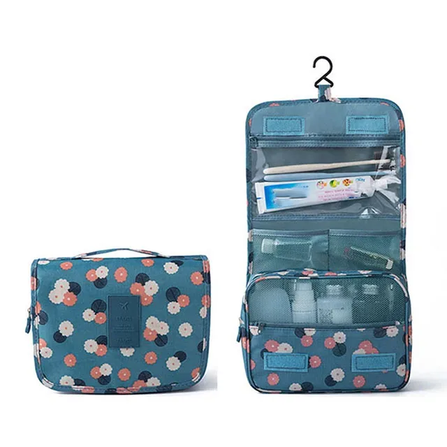 trousse de toilette de voyage suspendue imprimée fleurs multicolores, imperméable avec crochet et multiples compartiments pour cosmétiques et soins de la peau