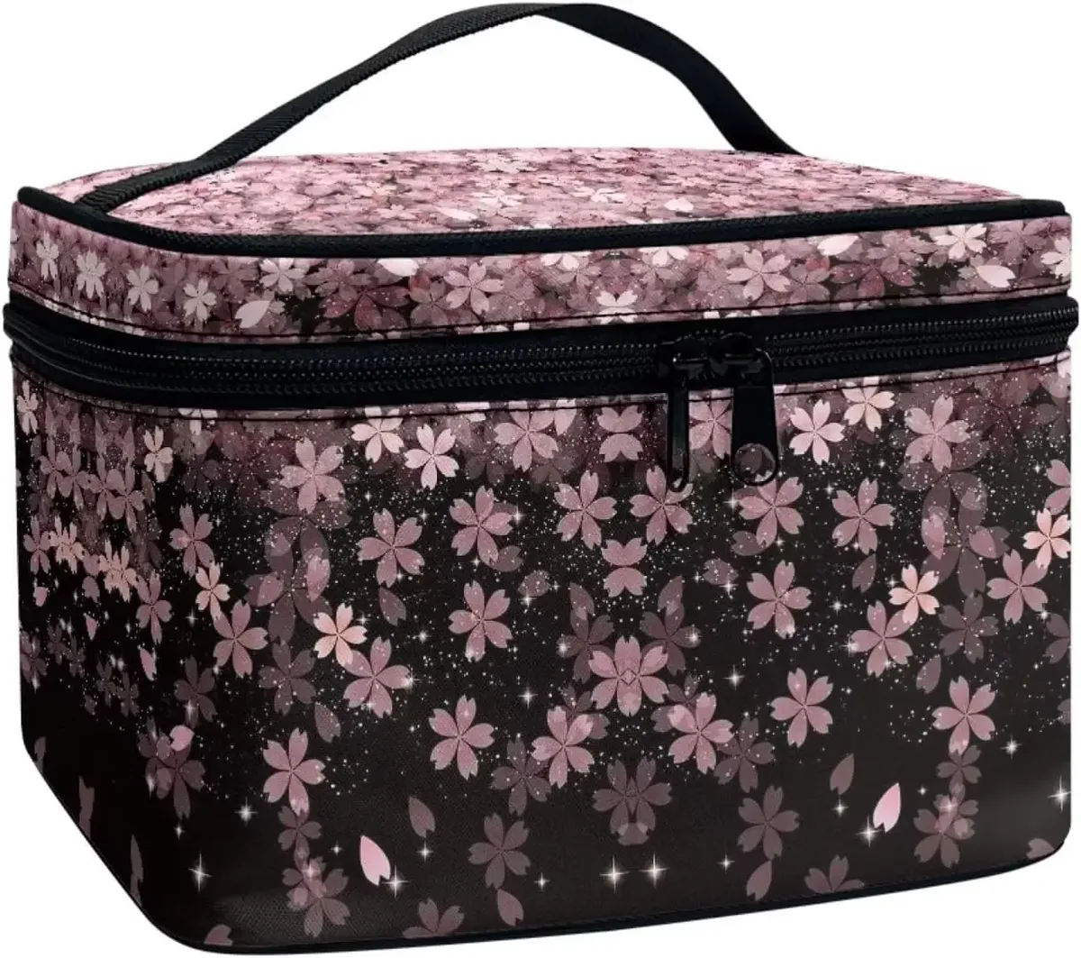 trousse polyester motif floral champignons poignée noire bleu jaune rouge vert voyage maquillage cosmétiques