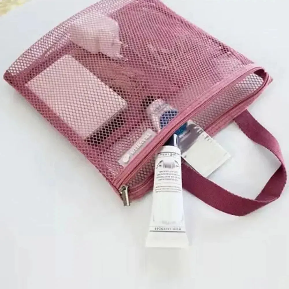 sac de douche de rangement de voyage, sac de toilette de plage, sac à cosmétiques, sac à main en maille, sac de rangement d'articles de toilette pour l'extérieur