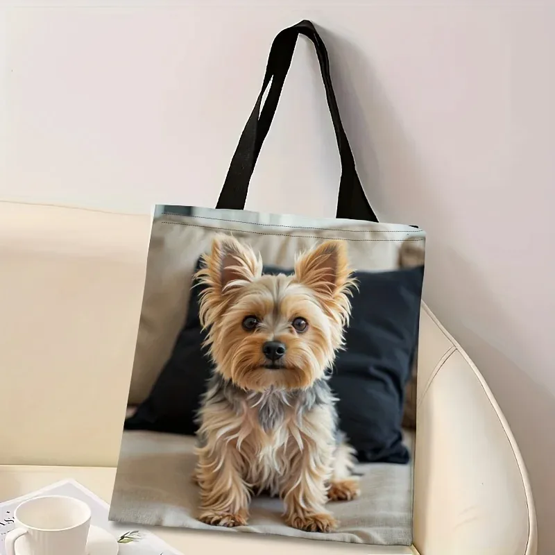 sac fourre-tout chic à imprimé chien, 1 pièce, en polyester, avec adorable motif yorkie, réutilisable pour femme, sac à bandoulière décontracté