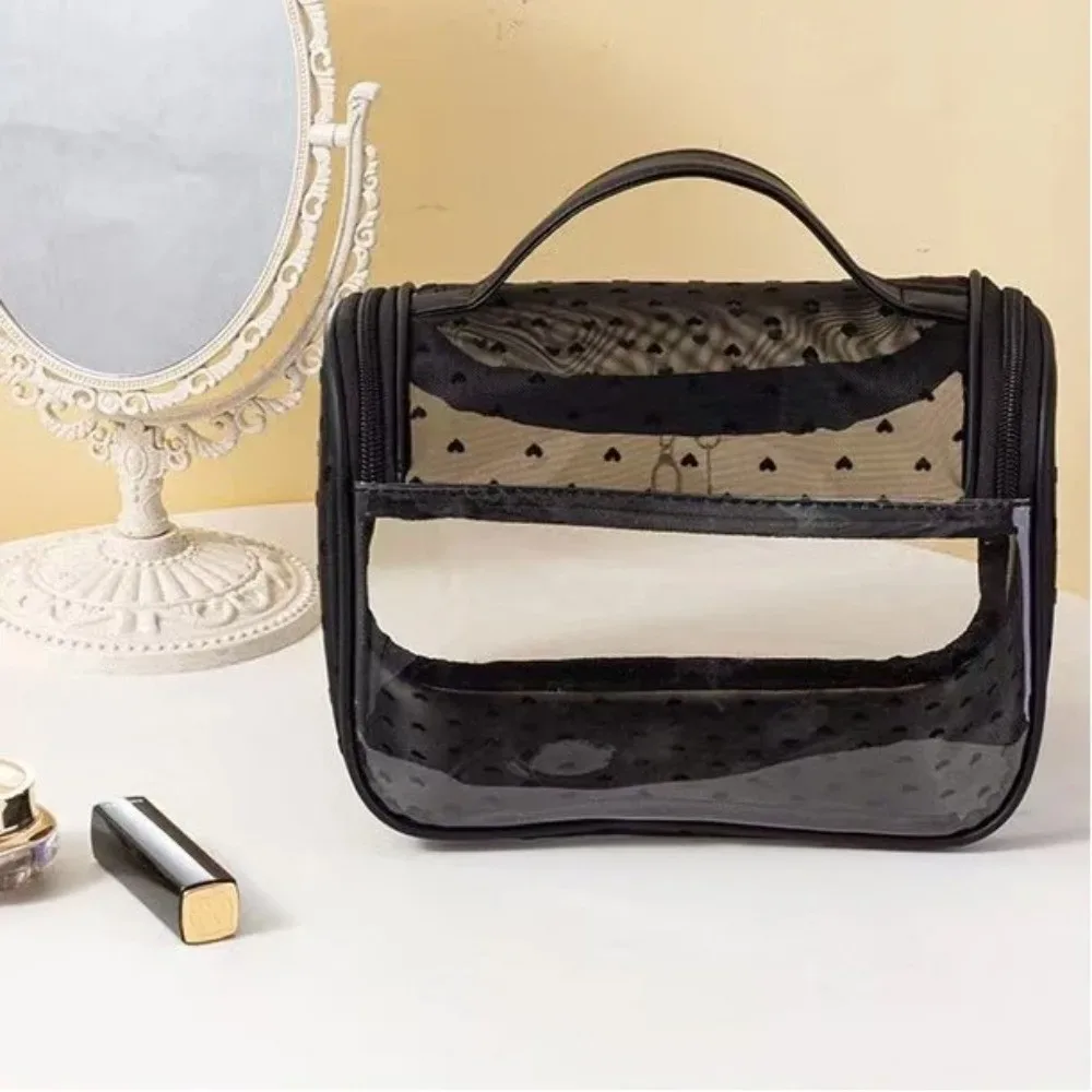 sac de maquillage portable grande capacité en maille, motif cœur, avec fermeture éclair, organiseur de toilette, sac de rangement transparent pour extérieur