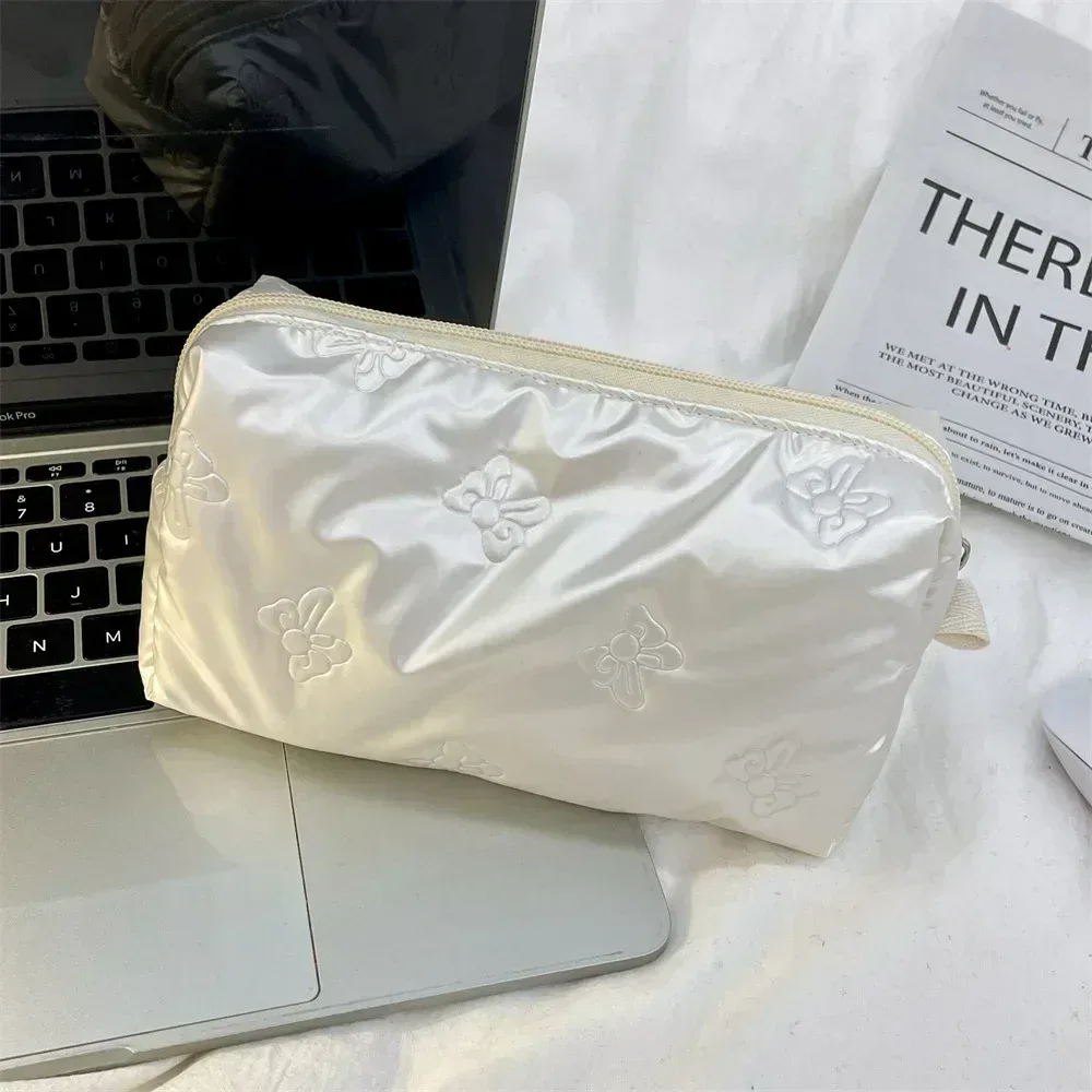 sac à cosmétiques matelassé coréen en pu avec nœud d'amour, pochette pour produits de soins de la peau, poche intérieure, sac de rangement multifonction pour maquillage et rouge à lèvres