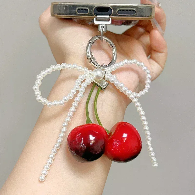 mode perle cerise dentelle nœud papillon sac pendentif à breloque porte-clés cerise voiture porte-clés sac à dos décoration bijoux cadeau pour femmes