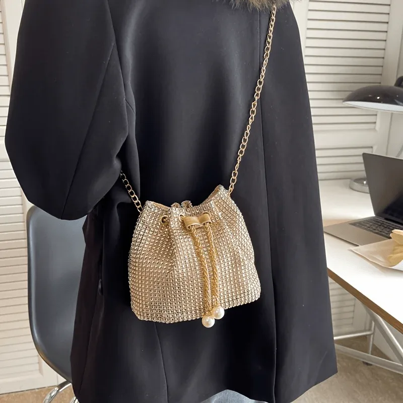 sac à bandoulière à cordon orné de strass scintillants, sac à main seau multifonctionnel, sac à main formel pour les déplacements quotidiens des femmes