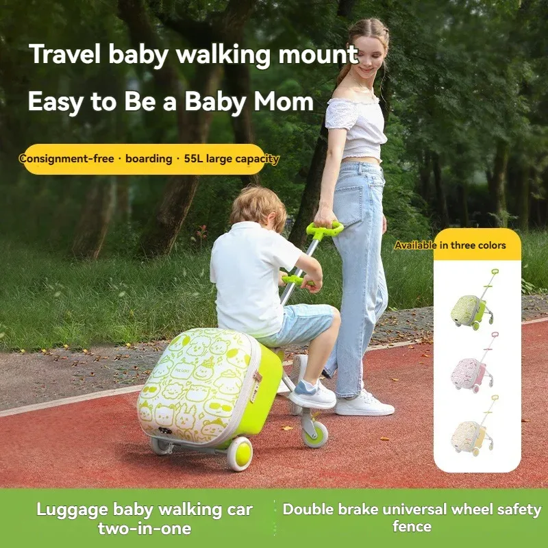 valise abs bébé vert personnages animaux roulettes toupie pliante parebrise amovible usage voyage enfant