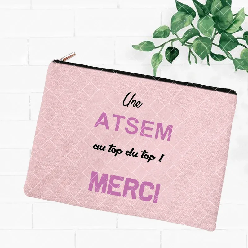 merci atsem – trousse de maquillage imprimée française, grande trousse à crayons, fournitures de papeterie scolaire, sac de rangement, pochette de lavage de voyage, cadeaux pour atsem