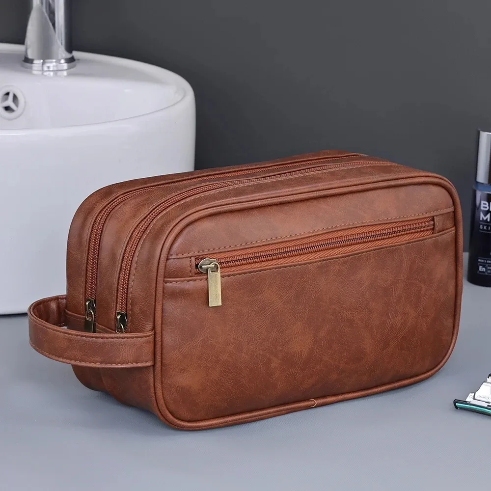 trousse de toilette homme en cuir pu double couche, organisateur de voyage résistant à l'eau pour articles de toilette et cosmétiques, sac de rangement pour rasage