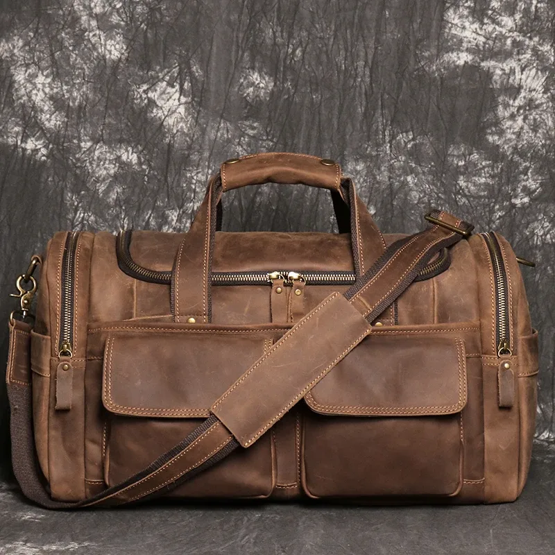 sac à main rétro marron pour hommes, sacoche en cuir de cheval fou, sac de voyage de grande capacité, sac d'affaires de week-end, sacoche à épaule unique