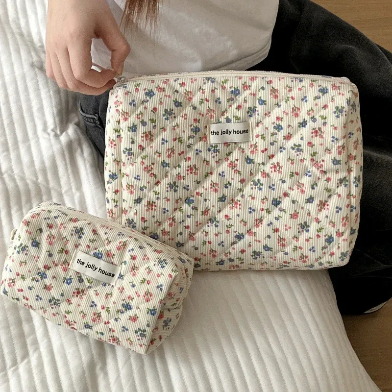 sacs de rangement floraux doux pour femmes, sac à cosmétiques rétro en velours côtelé pour dames, trousse de maquillage portable de voyage, pochette, sacs à main