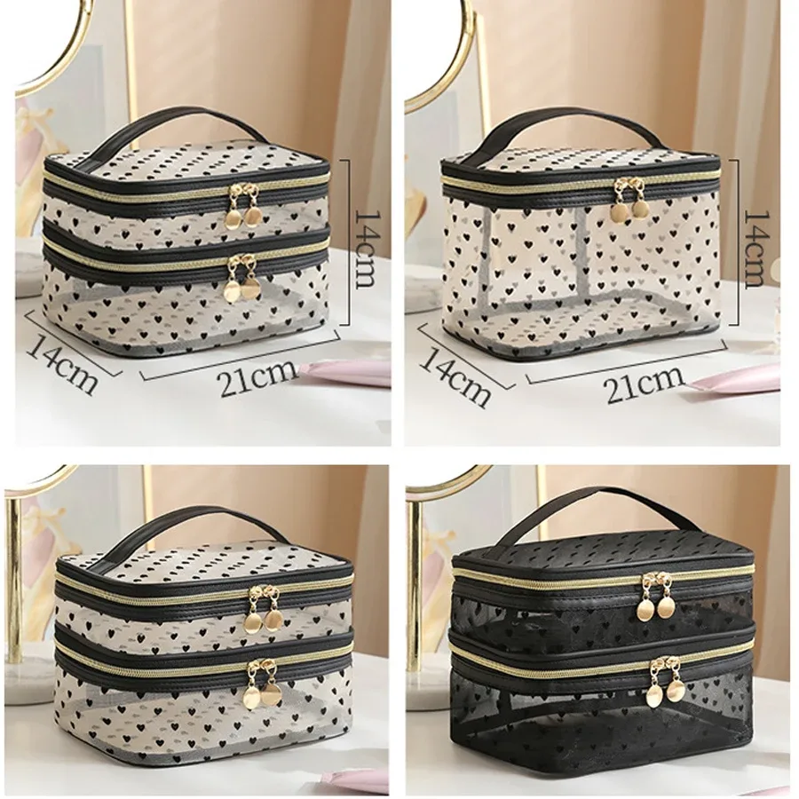 trousse à cosmétiques en maille noire à double couche, trousse de maquillage portable de grande capacité, trousses de toilette à fermeture éclair, trousse de voyage, évaluationstorage, poudres