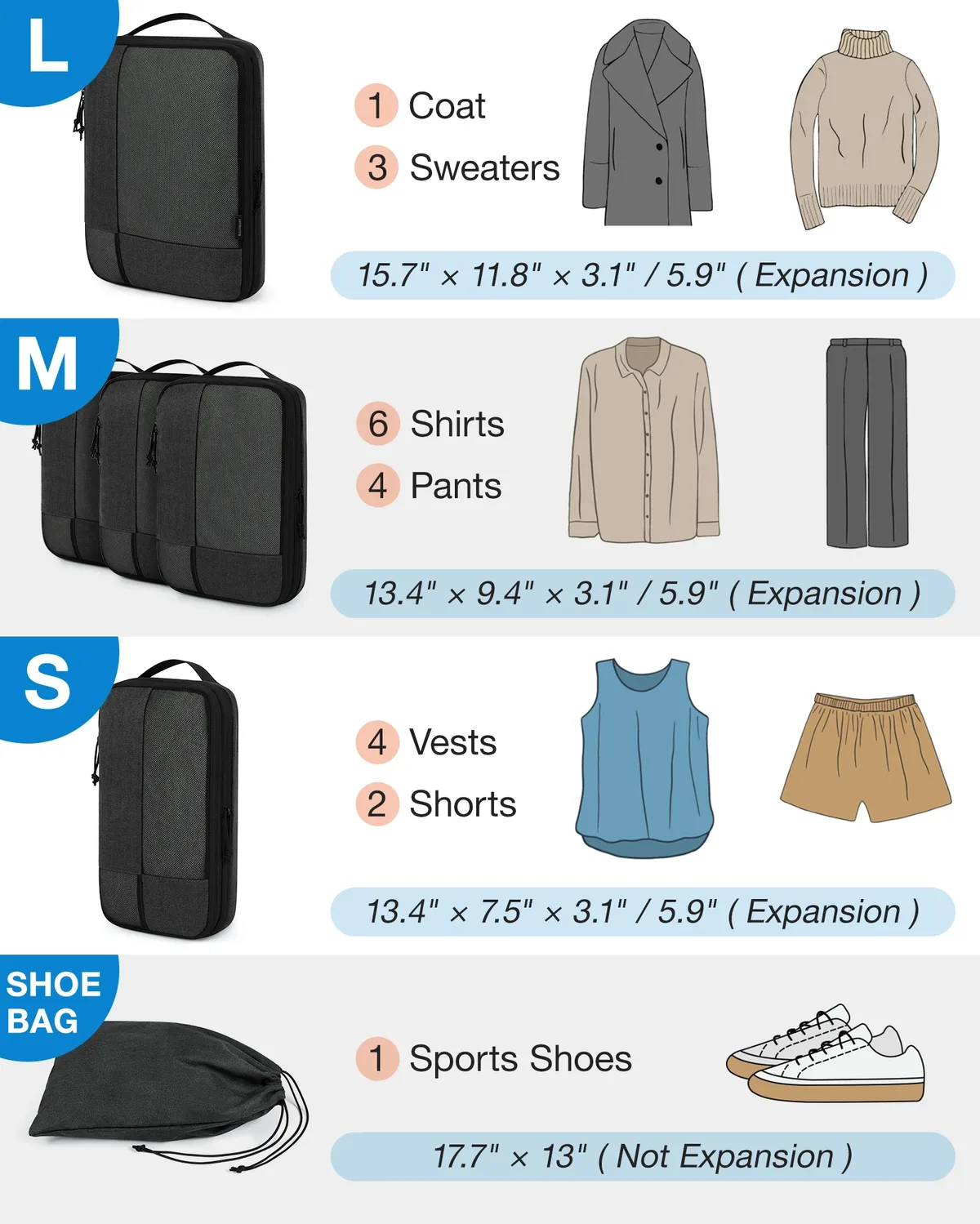 organisateur voyage polyester herringbone noir compact extensible sac chaussures compression ventilation usage polyvalent femmes hommes plaine air