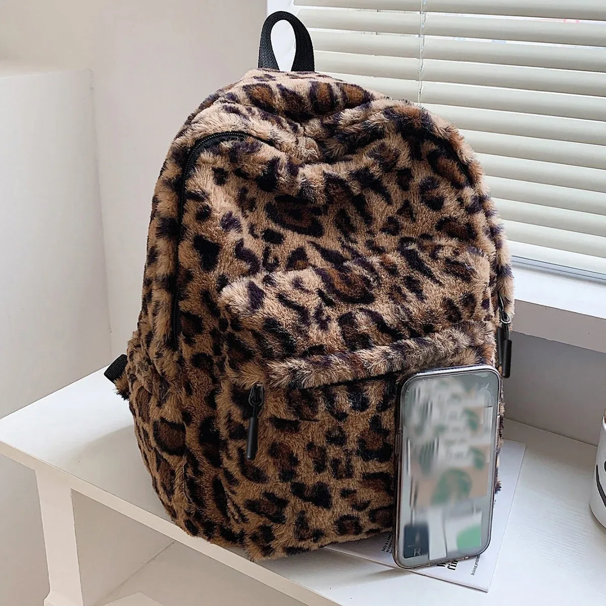 sac à dos de luxe imprimé léopard pour femme, marron, motif peluche, grande capacité, multi-poches, bretelles réglables, indispensable pour les trajets quotidiens