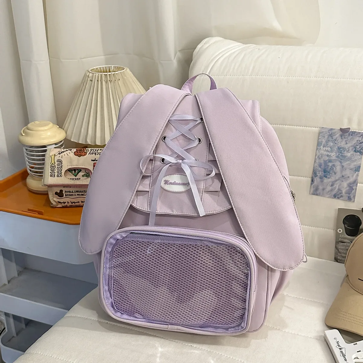 sac à dos transparent pour femmes et adolescentes, style ita bag avec oreilles de lapin et nœud, mignon