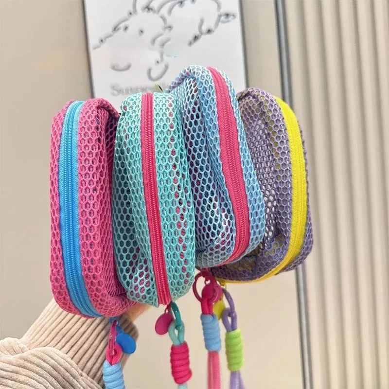 mini porte-monnaie portable en maille, trousse de maquillage en tissu maille dopamine, sac de rangement pour argent, rouge à lèvres et fards à paupières pour les voyages et le shopping