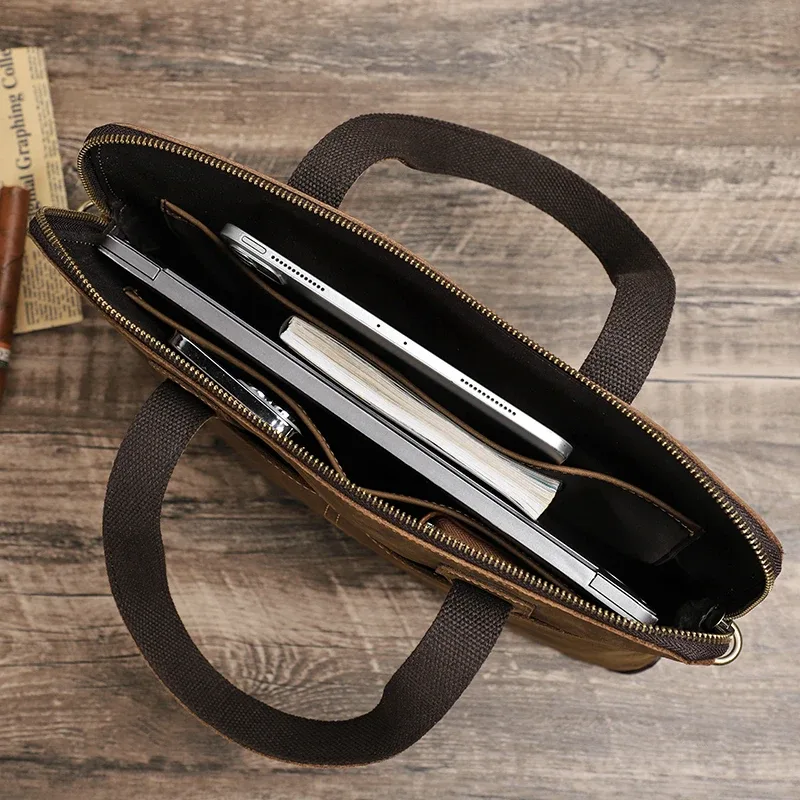 porte documents cuir vache crazy horse leather polyester fermeture éclair bande lièrre macbook 13 16 pouces voyage