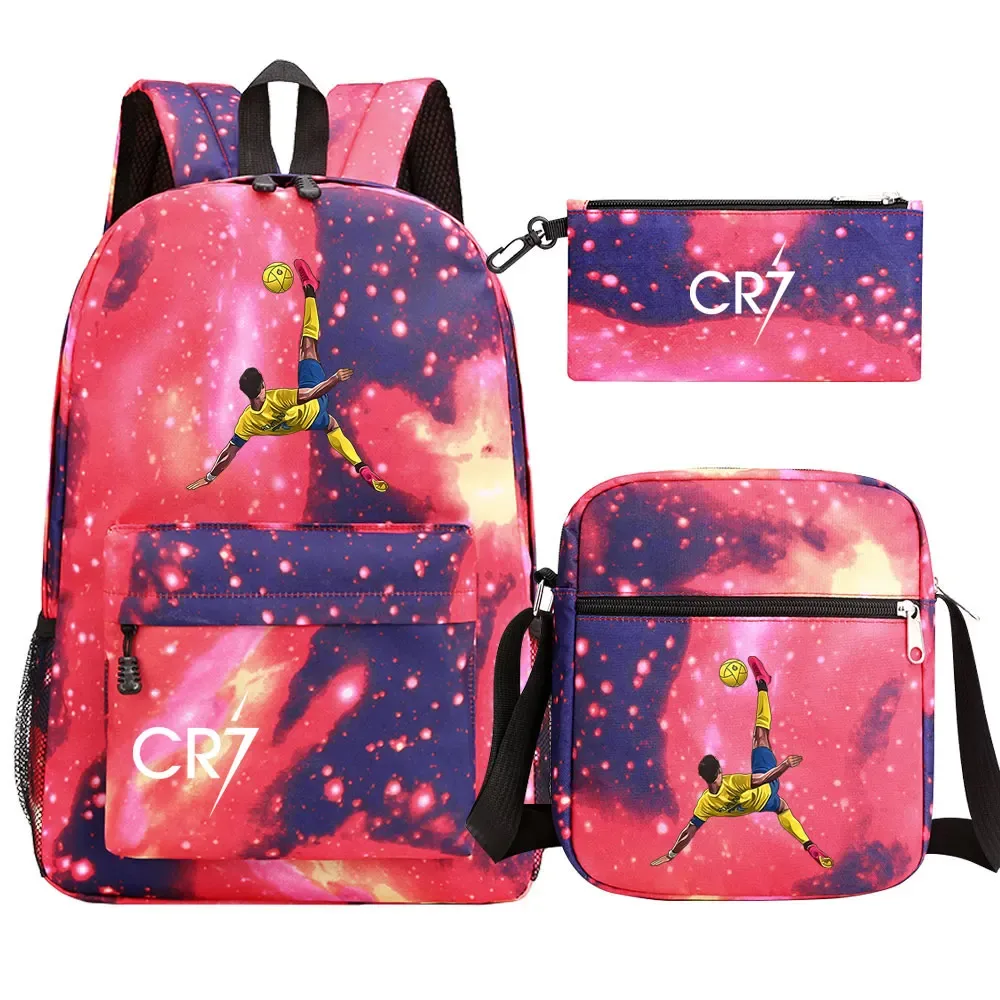 football star cr7 3 pièces garçon fille retour à l'école livre sacs, étudiant sac à bandoulière porte-crayon sac à dos, adolescents mochila hommes femmes