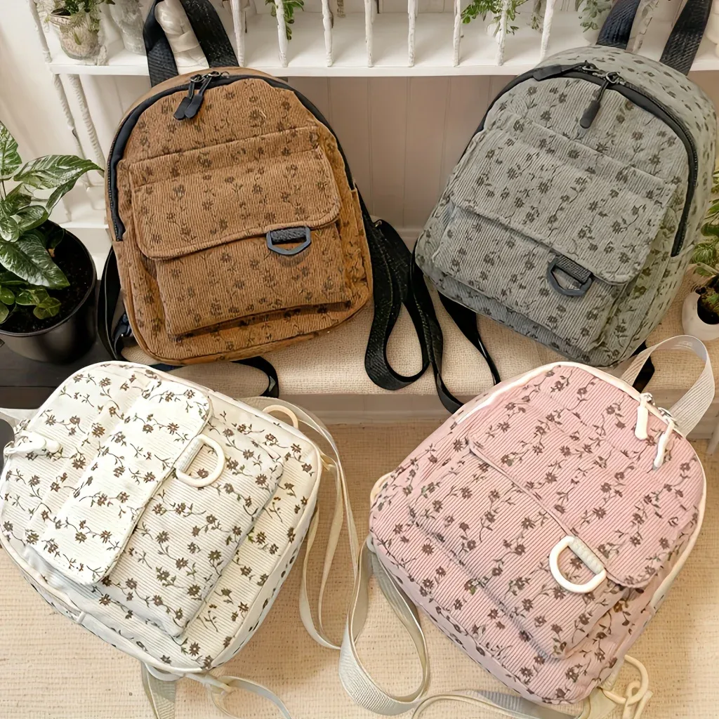 mini sac à dos pour femme avec motif floral marron et ruban en satin couleur café, bretelles réglables et fermeture à glissière – sac à main léger en polyester, adapté aux voyages