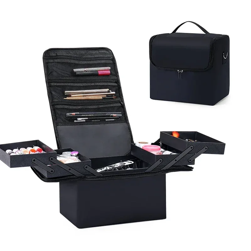 grande trousse de maquillage professionnelle pour femmes, valise de voyage, boîte de rangement à 4 niveaux, organisateur d'ongles avec compartiments ajustables