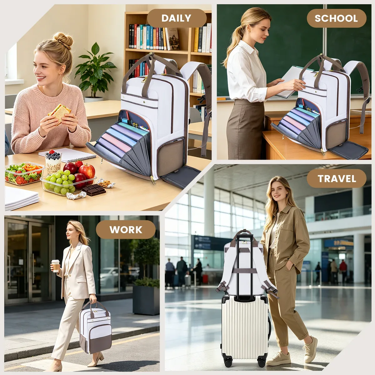 sac à dos repas avec pochette accordéon pour documents, sacoche d'ordinateur portable pour trajets professionnels, sac à dos isotherme pour pique-nique et camping en extérieur