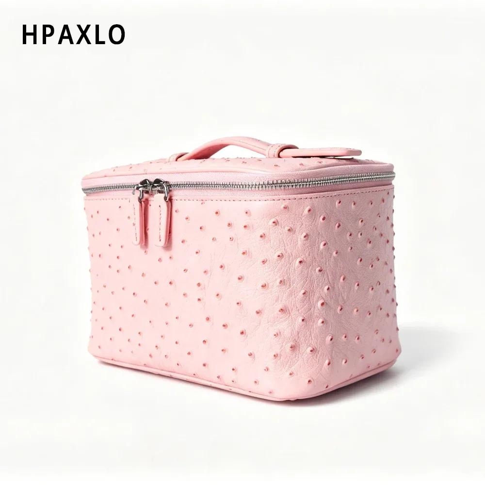 nouvelle trousse de toilette en cuir véritable à motif autruche pour femmes, grande capacité, organisateur de salle de bain de luxe