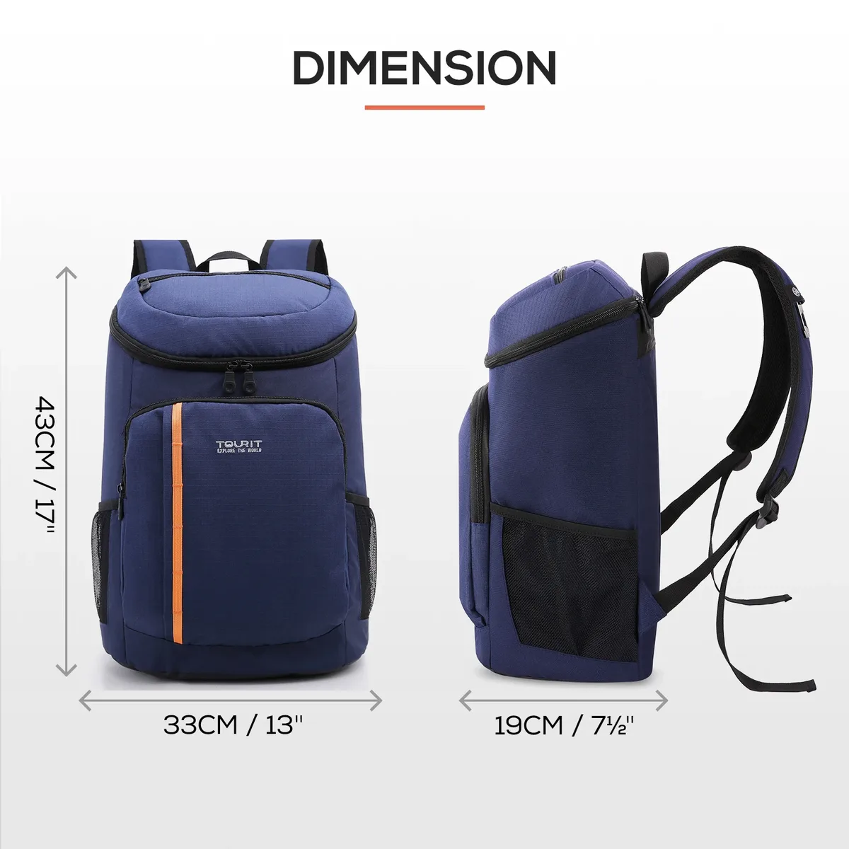 sac dos bleu marine nylon durables poches latérales zip grande ouverture motif diagonal orange bande voyage sport plage randonnée picnic