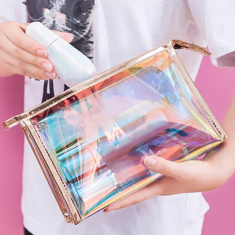 sacs de maquillage transparents, jolie mode, sac à cosmétiques de voyage laser, sacs à brosses de toilette, organisateur, étui nécessaire, boîte de maquillage de lavage