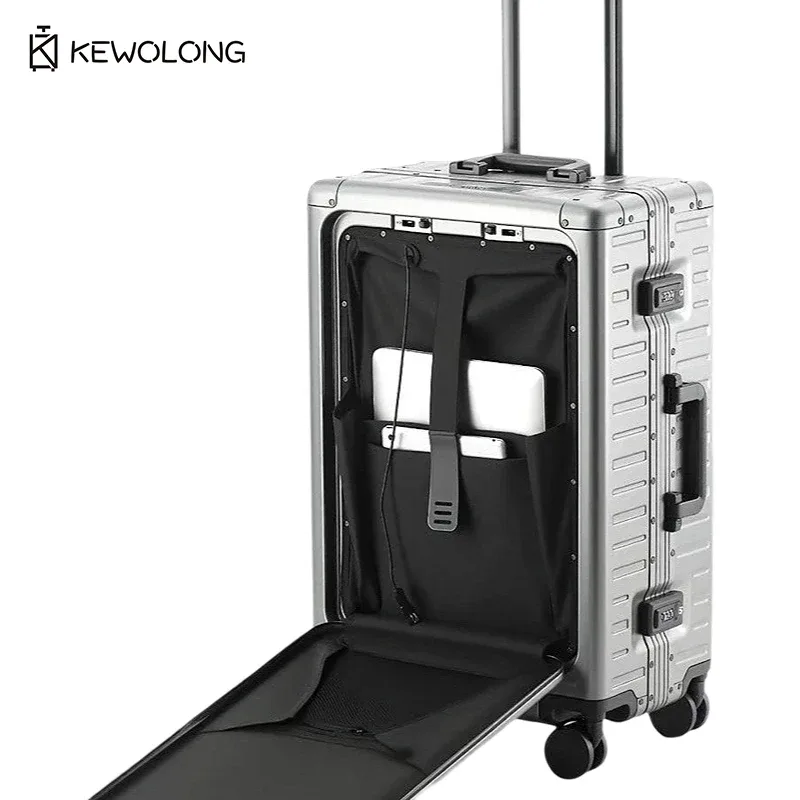 nouvelle valise en alliage d'aluminium et de magnésium à ouverture frontale, 20/24 pouces, bagage à roulettes entièrement métallique et durable.