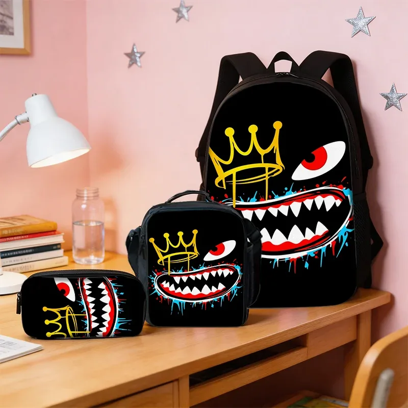 ensemble de 3 sacs à dos style graffiti requin, légers, grande capacité, sac d'école, sac de voyage avec sac à bandoulière, trousses à crayons, cadeau pour enfants