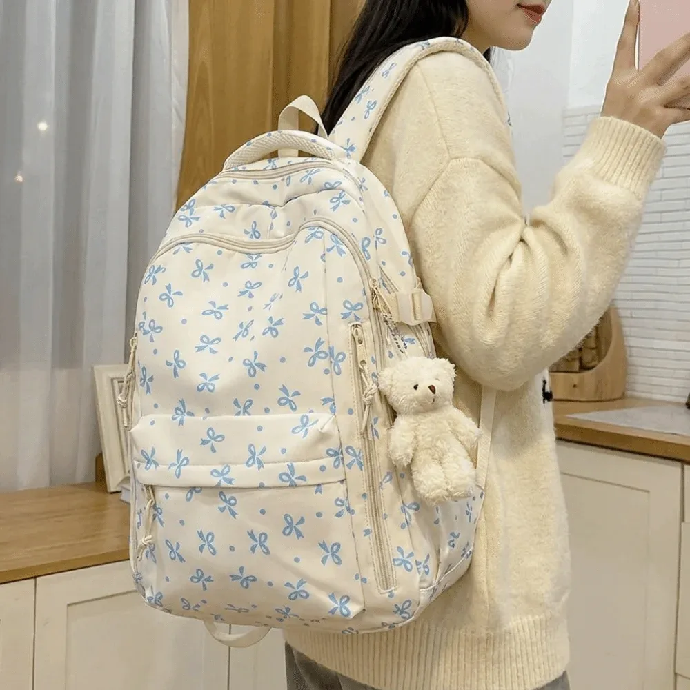 sac à dos mignon à imprimé floral de grande capacité, multi-poches, motif de nœud épaissi, sac d'école léger et durable, sac à dos de voyage