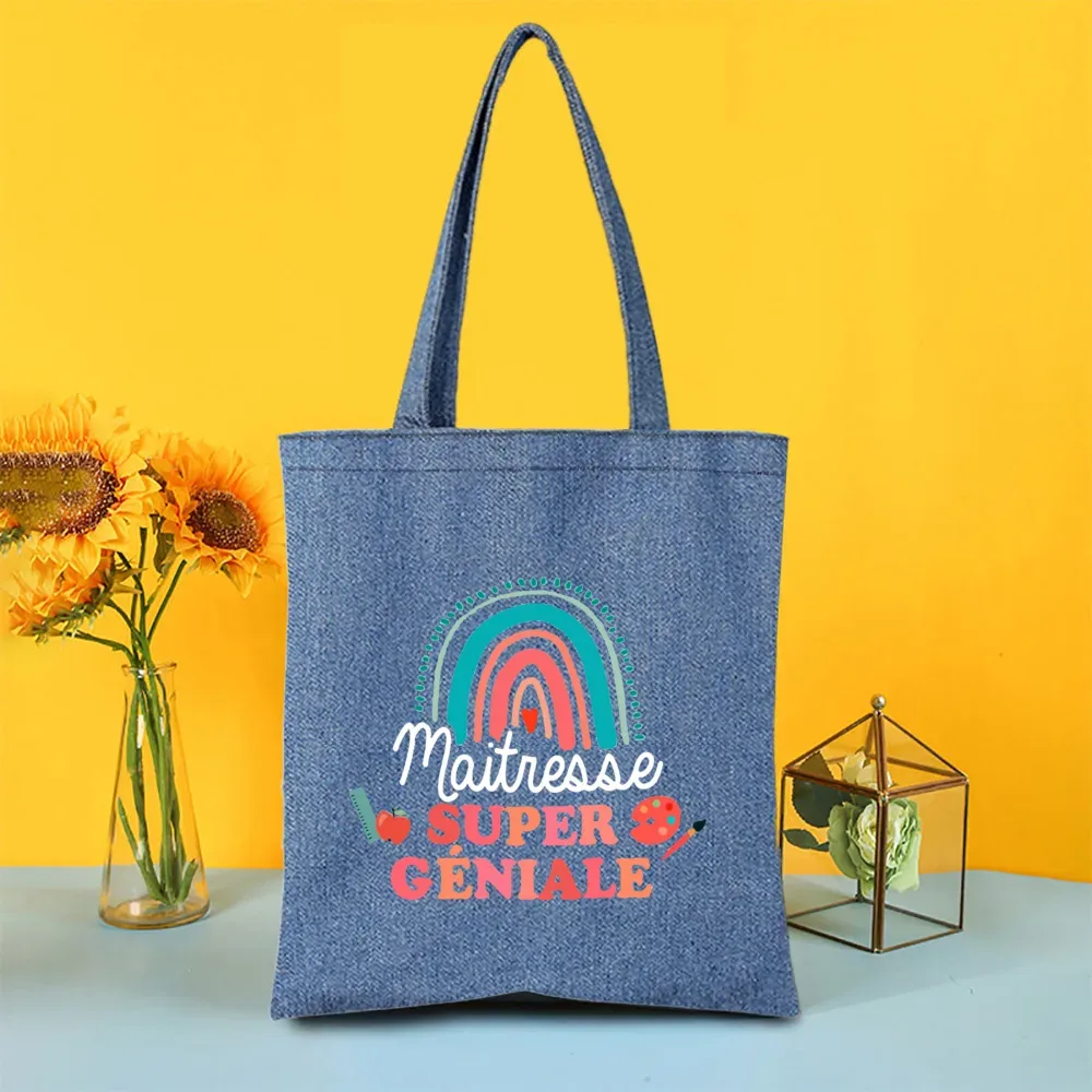 sac fourre-tout en jean imprimé super atsem maitresse, sacs de shopping pour femme, sacs de voyage, cadeau de remerciement pour la fête des enseignants et les diplômés